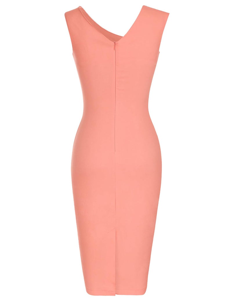 MUXXN Women's Summer V Neck Sleeveless Midi Pencil Ruched Bodycon Casual Business Work Dress Peach S - Image 4